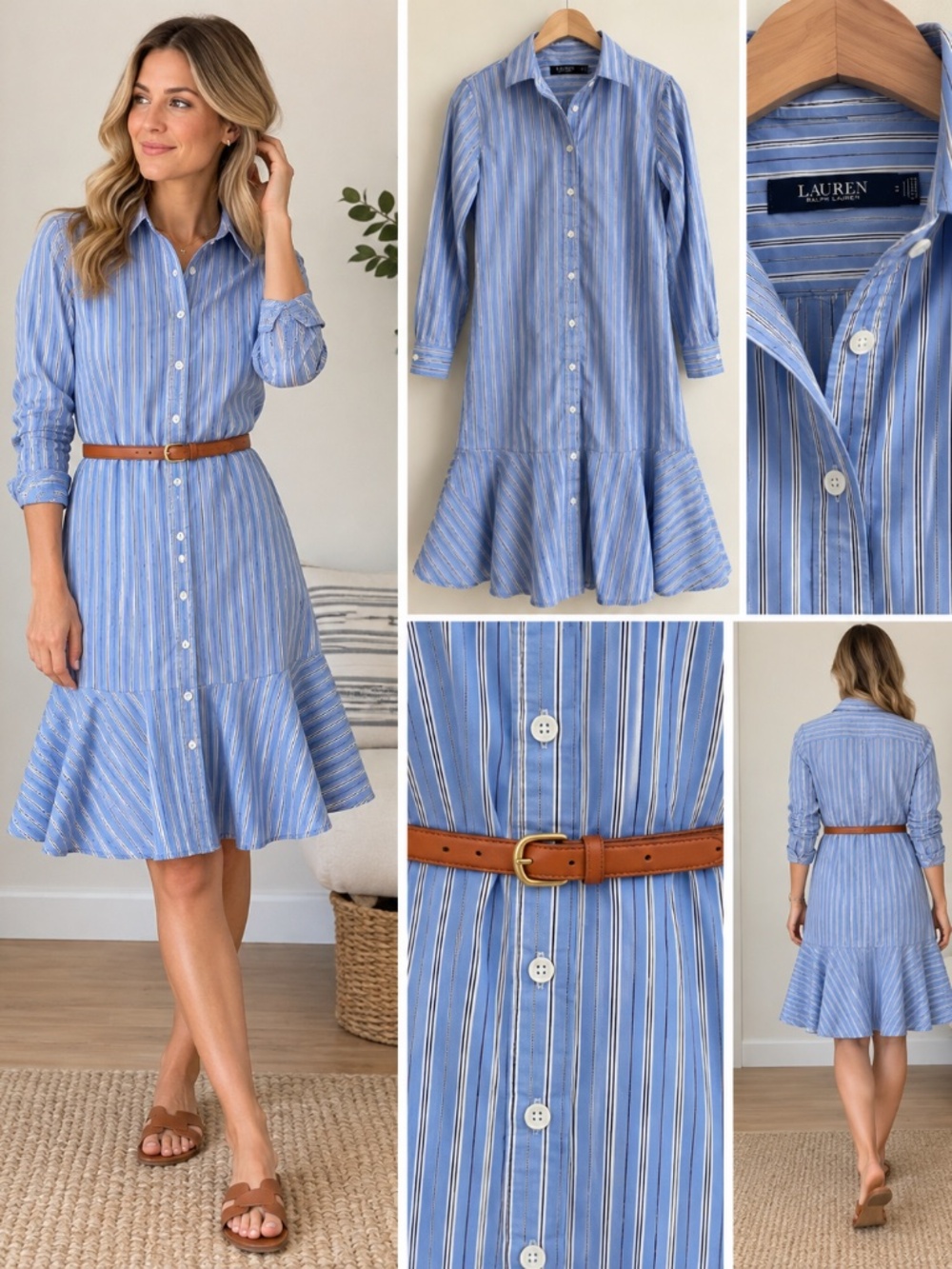 Lauren Ralph Lauren Blue Striped Button Front Shirt Dress Size 2